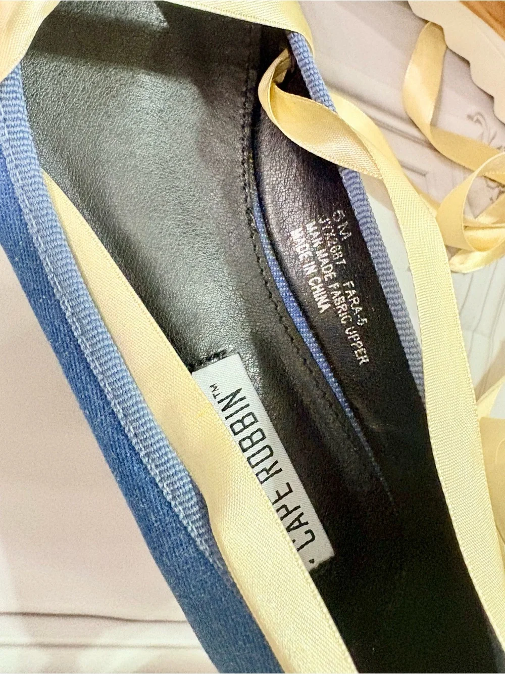 Cape Robbin Denim Blue Ballet Flats with Cream Ribbon